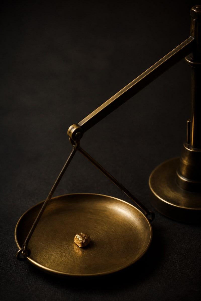 An abstract brass jeweler's scale holding a single gold grain